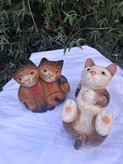 3 X Art Deco Handpainted Hardwood Cats