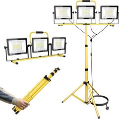300W Tripod Stand LED Work Light, 3 Adjustable Head Floodlight, Flexible Portable Job Site Light, 30000LM 110V 240V Outdoor Indoor worklight for Workshop, Garage, Construction, Basement
