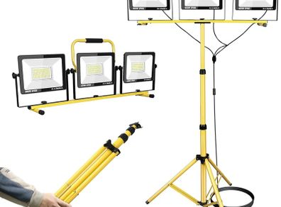 300W Tripod Stand LED Work Light, 3 Adjustable Head Floodlight, Flexible Portable Job Site Light, 30000LM 110V 240V Outdoor Indoor worklight for Workshop, Garage, Construction, Basement