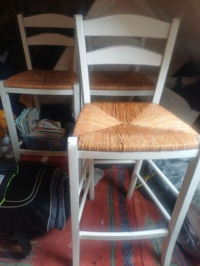 counter top high chairs, white with wicker seats. Slight wear as shown on 1 but 2 in very good condition. Slight distressed  style.