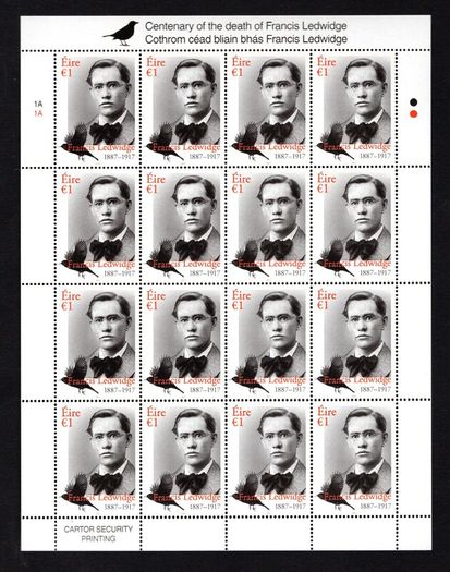 2017 Ireland The 100th Anniversary of the Death of Francis Ledwidge (Poet), 1887-1917 Commemorative Stamp Sheetlet Plate 1A1A Mint Never Hinged (MNH)