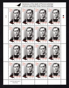 2017 Ireland The 100th Anniversary of the Death of Francis Ledwidge (Poet), 1887-1917 Commemorative Stamp Sheetlet Plate 1A1A Mint Never Hinged (MNH)