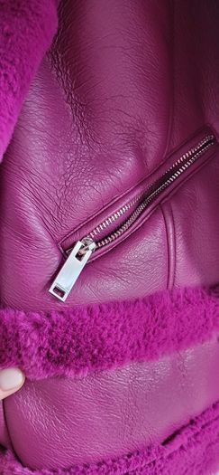 RIVER ISLAND fuschia faux leather and fur biker jacket Sz 14UK - Rrp 125 (New)