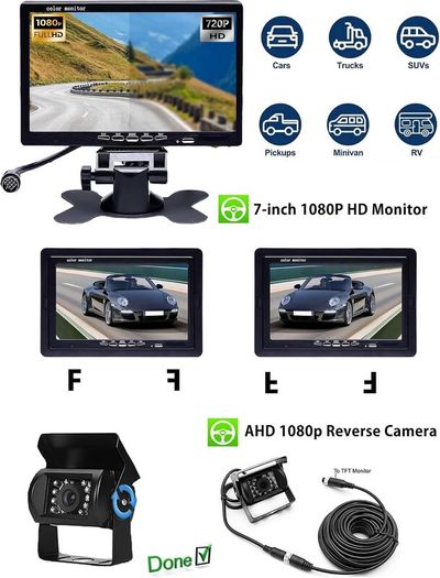 1080P Reversing Camera Kit with 7-Inch HD Monitor, IP68 Waterproof Night Vision Camera, Parking Sensors & 15m Cable for Van, Truck, RV, Bus and Trailer