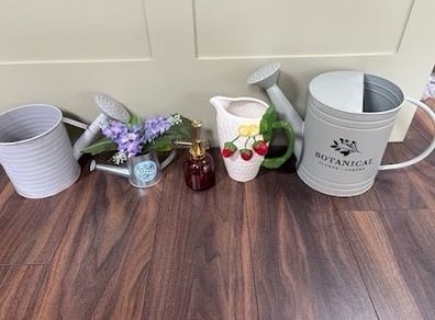 Garden & Botanical Decor Bundle, Metal Watering Cans, Glass Mister & Strawberry Pitcher (5 Pieces)