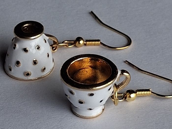 White & Gold Spotty Mini Teacup Drop Earrings