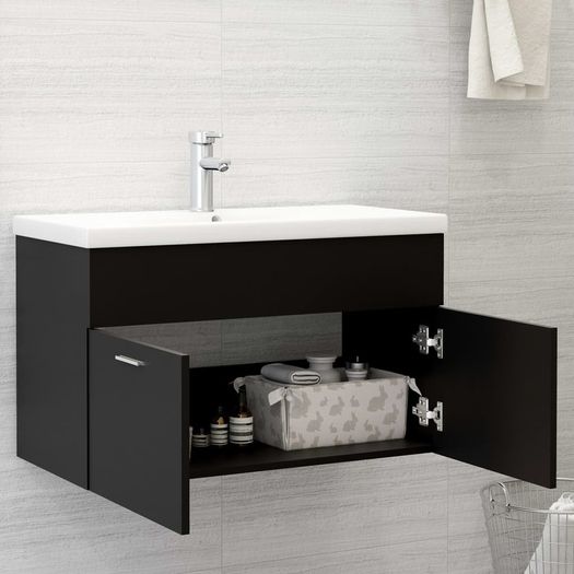 Sink Cabinet with Built-in Basin Black Chipboard