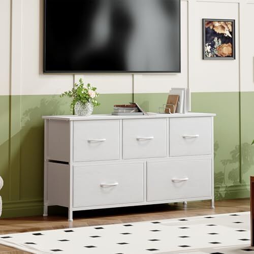 Chest of Drawers with 5 Drawers, Wide Storage Organiser Fabric Dresser for Living Room TV Stand Bedroom Closet Nursery Bedside Entryway Hallway, White Leather
