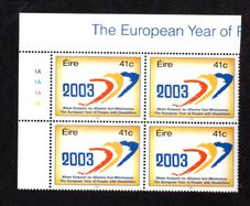 2003 Ireland European Year of People with Disabilities Commemorative Stamp Plate Block 1A1A1A1A Mint Never Hinged (MNH)