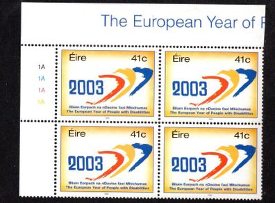 2003 Ireland European Year of People with Disabilities Commemorative Stamp Plate Block 1A1A1A1A Mint Never Hinged (MNH)