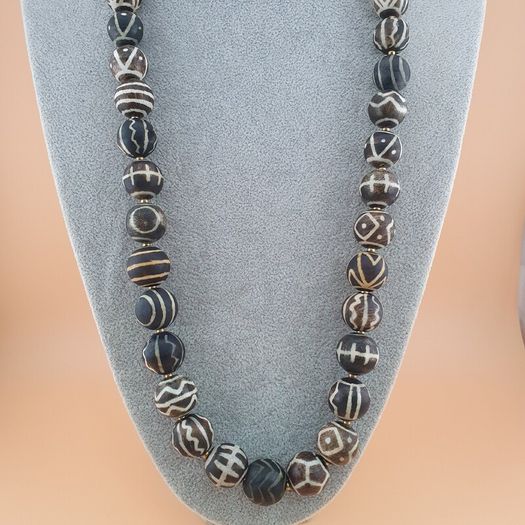 Burmese Antique Pumtek Pyu Petrified Wood Stone Beads Necklace 24 Inches