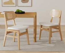 Set of 2 PU Leather Rattan Dining Room Chairs Upholstered Chairs with Solid Wood Legs