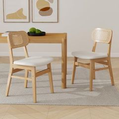 Set of 2 PU Leather Rattan Dining Room Chairs Upholstered Chairs with Solid Wood Legs