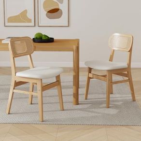 Set of 2 PU Leather Rattan Dining Room Chairs Upholstered Chairs with Solid Wood Legs
