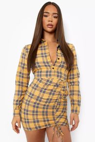 BNWT Boohoo Rouched Fitted Check Shirt Dress Mustard size UK12 EU40 Postage included