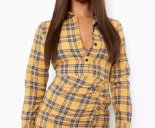 BNWT Boohoo Rouched Fitted Check Shirt Dress Mustard size UK12 EU40 Postage included