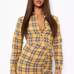 BNWT Boohoo Rouched Fitted Check Shirt Dress Mustard size UK12 EU40 Postage included