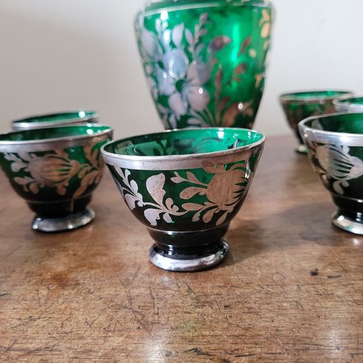 Art noveau emerald green silver overlay decanter & six cup set
