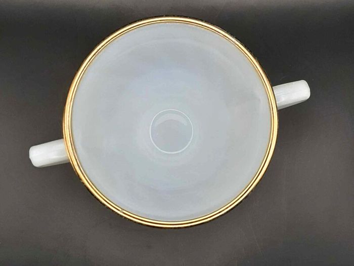 PRICE DROP ... Vintage Fire King White Swirl Creamer, Sugar Bowl and Cake Plate Set with Gold Trim, Opaque White Milk Glass. 1950s