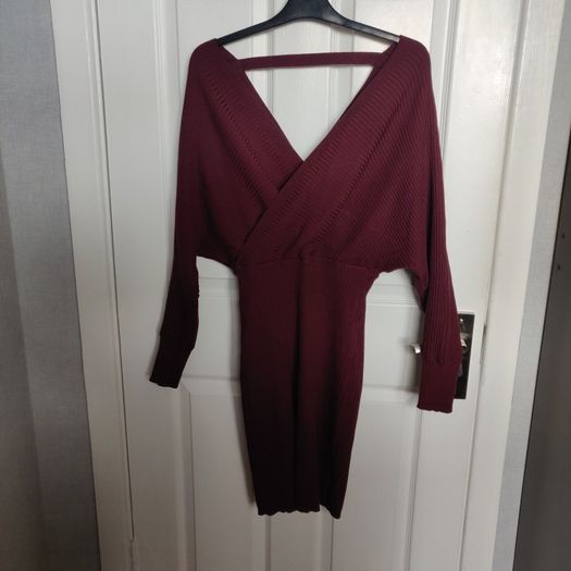 Knit V neck batwing dress, APRICOT