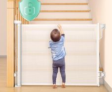 Momcozy Auto-lock Retractable Stair Gate,Safety Baby Gate Roll for Toddlers and Dogs,Extend Baby Barrier Gate,140cm Wide, 83cm Tall,One Hand Operated Pets Gate for Stairways/Hallways/Indoor/Outdoor