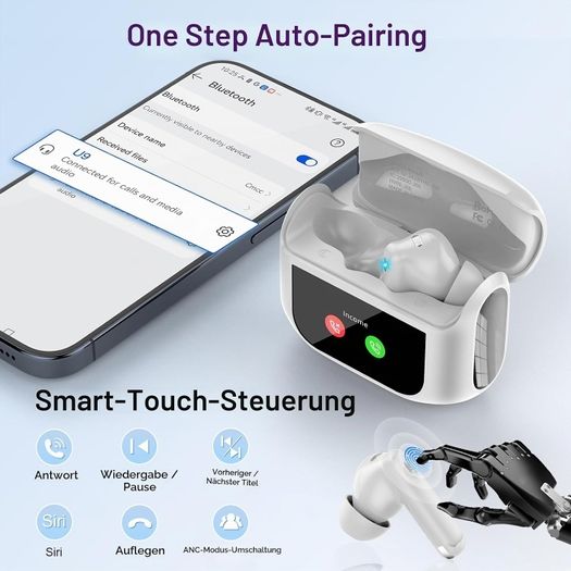 Thunelec U9 Earbuds, Bluetooth 5.4 with Touchscreen, In-Ear with Noise-Canceling Mic, 48-Hour Playtime, Deep Bass, Dark Gray