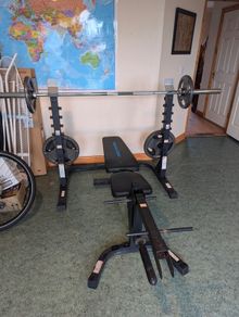 squat rack, bench and weights