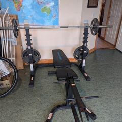squat rack, bench and weights