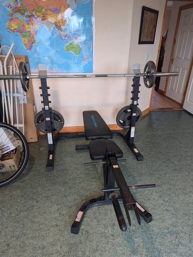 squat rack, bench and weights