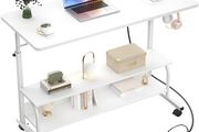 Mobile Standing Desk with Integrated UK Power Outlets &amp; USB Ports, Height Adjustable (70-104cm) C-Shaped Rolling Laptop Table on Wheels for Home Office, Bedside, and Sofa, White