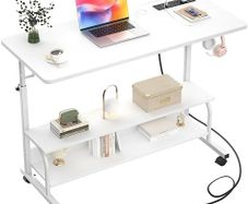 Mobile Standing Desk with Integrated UK Power Outlets & USB Ports, Height Adjustable (70-104cm) C-Shaped Rolling Laptop Table on Wheels for Home Office, Bedside, and Sofa, White