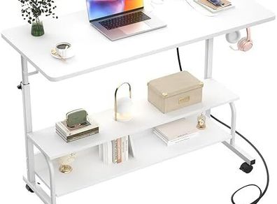 Mobile Standing Desk with Integrated UK Power Outlets & USB Ports, Height Adjustable (70-104cm) C-Shaped Rolling Laptop Table on Wheels for Home Office, Bedside, and Sofa, White