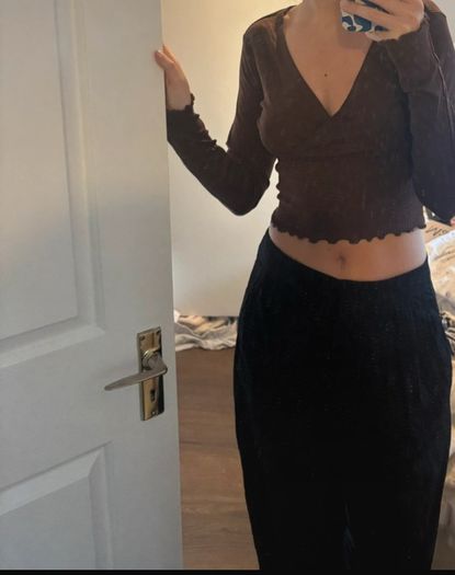 Monki v neck crop top brown ruffle hem brand new size S