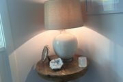 ez living ceramic table lamp in soft cream/white with a ribbed textured base and natural linen
