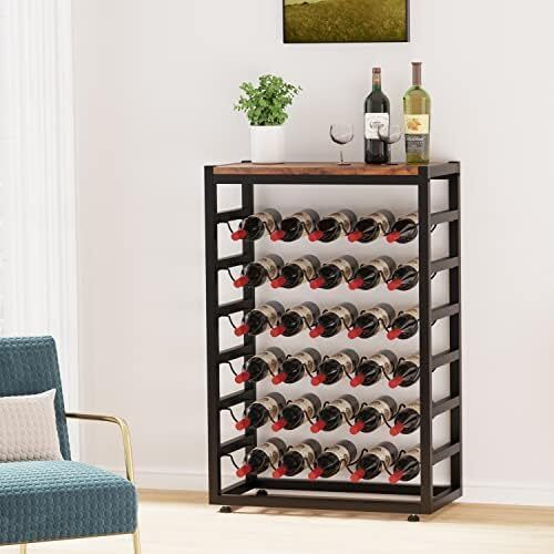 Dripex 30 Bottles Wine Rack Free Standing Floor, 6-Tier Display Wine Storage Shelves with Wooden Table Top, Sturdy Metal Bottle Holder for Kitchen Bar Pantry