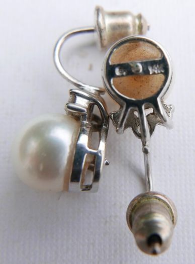 Vintage 14k Solid White Gold Round Bead Cultured Pearl Diamond Earrings 3,37g