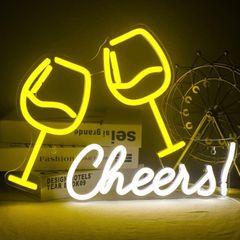 Neon Sign Double Wine Glass with Cheers, Cheers Words Neon Light (15.9 inch x 7.9 inch)