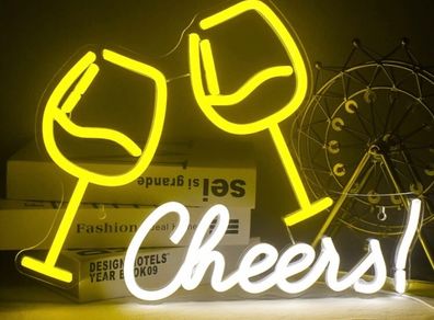 Neon Sign Double Wine Glass with Cheers, Cheers Words Neon Light (15.9 inch x 7.9 inch)