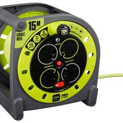 Masterplug Four Socket, 15 Metre Premium Case Reel, Medium Power Cable Extension Reel, Thermal Cut-Out & Power Indicator, Heavy Duty, Pro-XT, Grey/Green, 13A, 4G, 15m, HMU15134SL