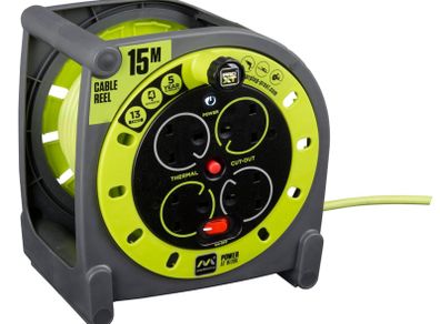 Masterplug Four Socket, 15 Metre Premium Case Reel, Medium Power Cable Extension Reel, Thermal Cut-Out & Power Indicator, Heavy Duty, Pro-XT, Grey/Green, 13A, 4G, 15m, HMU15134SL
