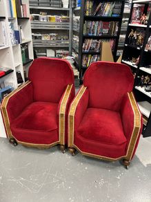 Art Deco 1930's Club Chair Pair Red cloth