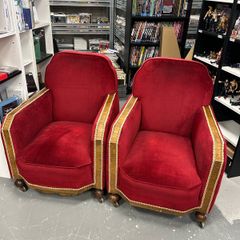 Art Deco 1930's Club Chair Pair Red cloth