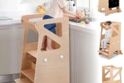 Wooden Kitchen Step Helper Learning Standing Tower with Slide 3 Levels Adjustable Heights Standing Step with Chalkboard Multifunctional Kids Step Stool Suit for Kitchen Counter and Children's Room
