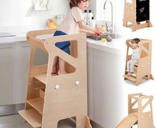 Wooden Kitchen Step Helper Learning Standing Tower with Slide 3 Levels Adjustable Heights Standing Step with Chalkboard Multifunctional Kids Step Stool Suit for Kitchen Counter and Children's Room