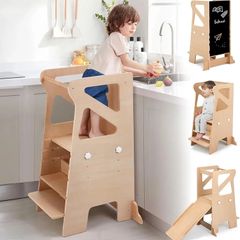 Wooden Kitchen Step Helper Learning Standing Tower with Slide 3 Levels Adjustable Heights Standing Step with Chalkboard Multifunctional Kids Step Stool Suit for Kitchen Counter and Children's Room