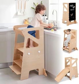 Wooden Kitchen Step Helper Learning Standing Tower with Slide 3 Levels Adjustable Heights Standing Step with Chalkboard Multifunctional Kids Step Stool Suit for Kitchen Counter and Children's Room