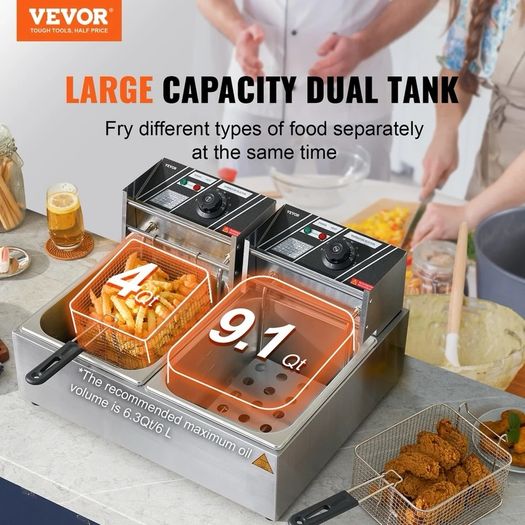 Stainless Steel Double Fryer double Zones Electric Thermostat 60 To 200C With Basket And Lid 12L 5kw 220v