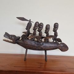Large Handmade African Tribal Canoe Sculpture Heavy Hardwood Carving 60cm