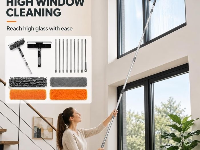 4.5M Window Cleaning Equipment, Window Squeegee Cleaner Kit with Extendable Pole, 2 in 1 Telescopic Long Cleaning Pole with Squeegee, 5 Microfiber Scrubber Pad for Home, Shower Glass, Car