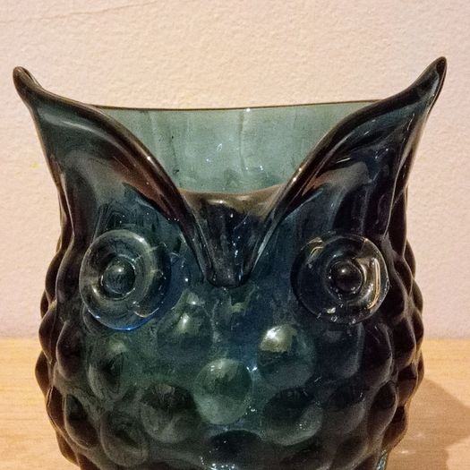 Vintage Hand Blown Glass Owl Shaped Vase. Murano Style, Dark Blue Colour.